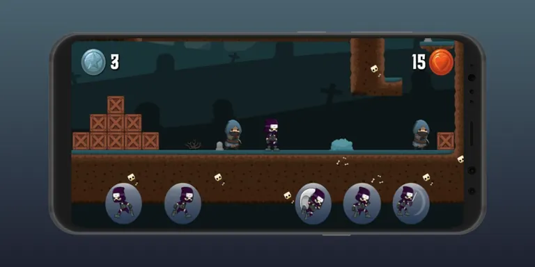 Platforming level with crates, a graveyard backdrop, coin counter, and life counter