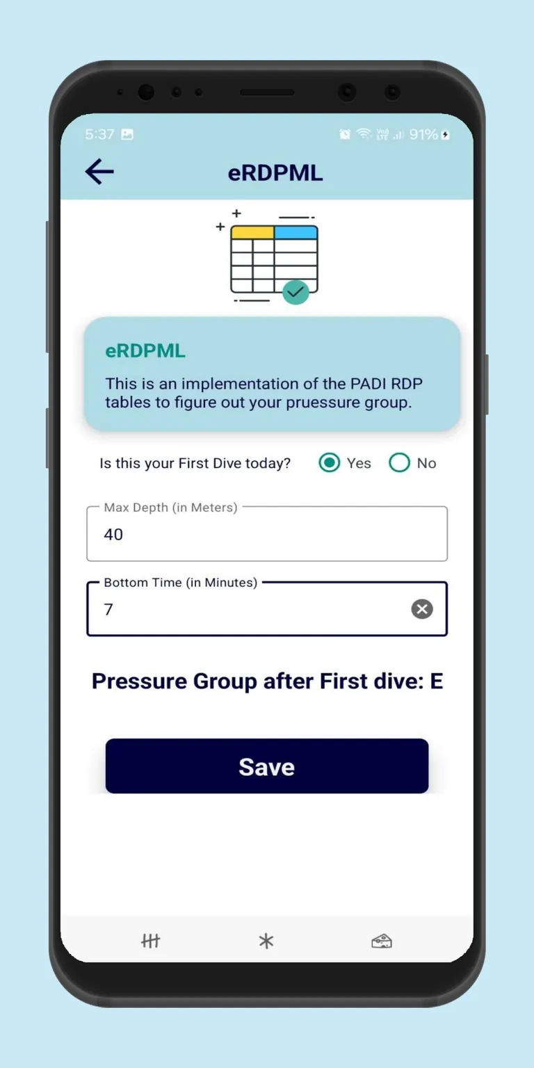 eRDPML calculator showing the pressure group after a first dive