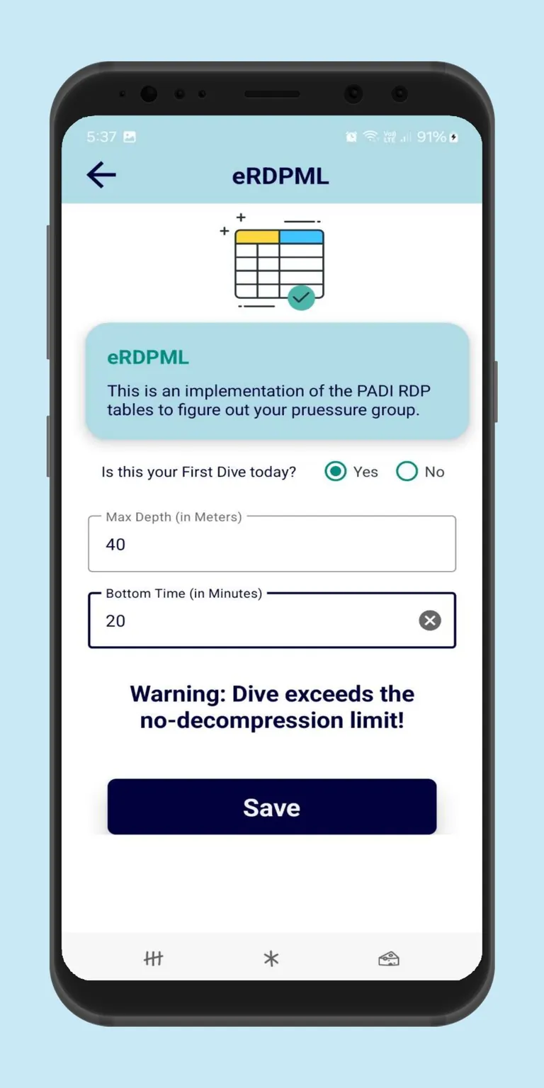 eRDPML calculator warning that a planned dive exceeds the no-decompression limit