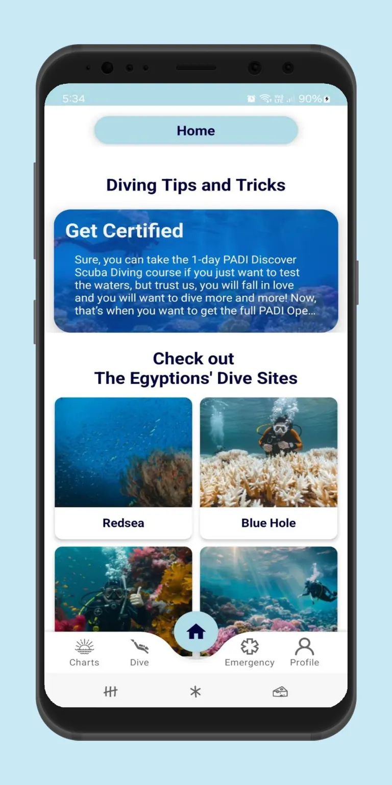 Dive home screen with diving tips and a guide to the Egyptian dive sites