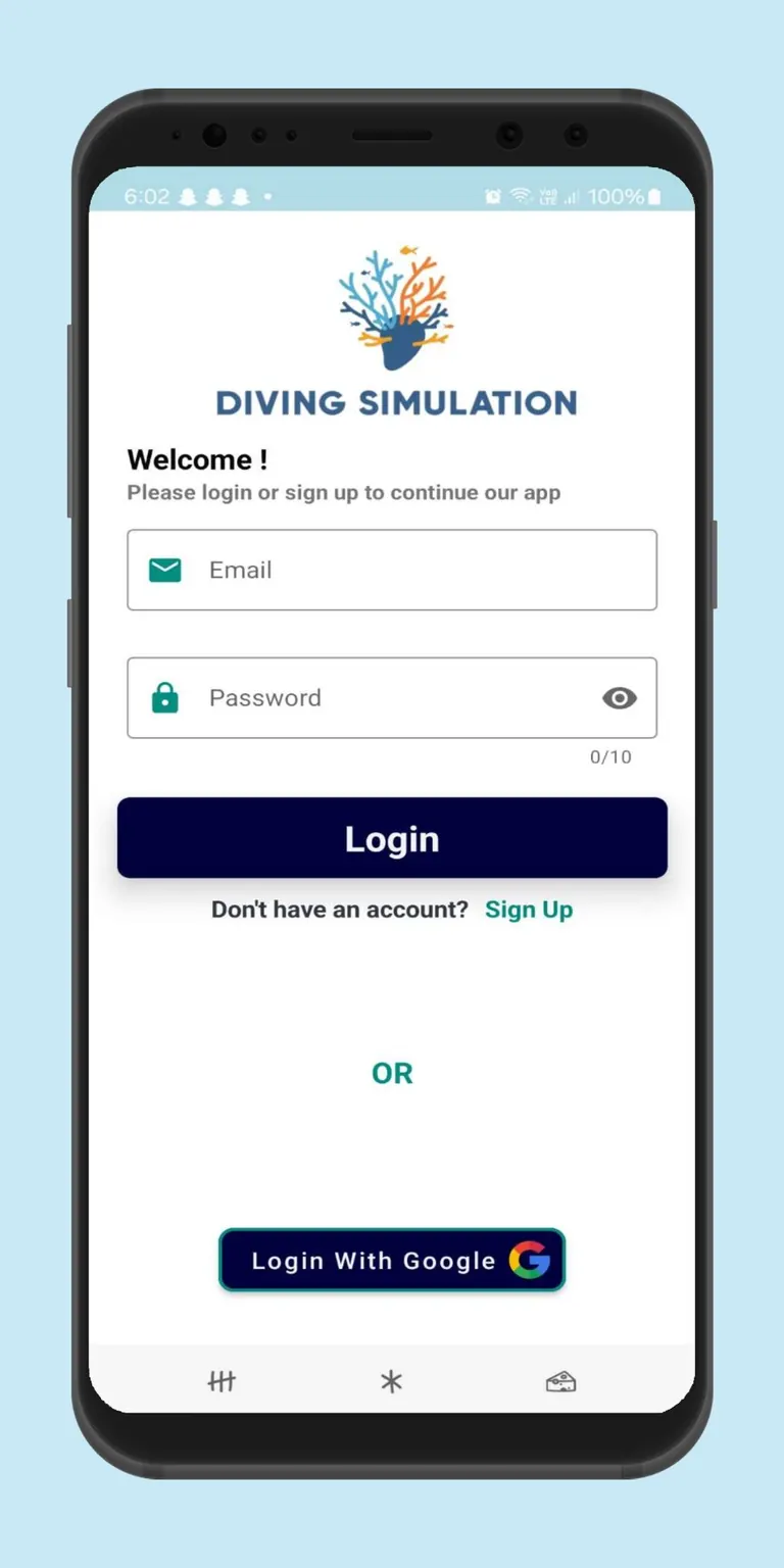 Dive app sign-in screen with email, password, and a Google sign-in option