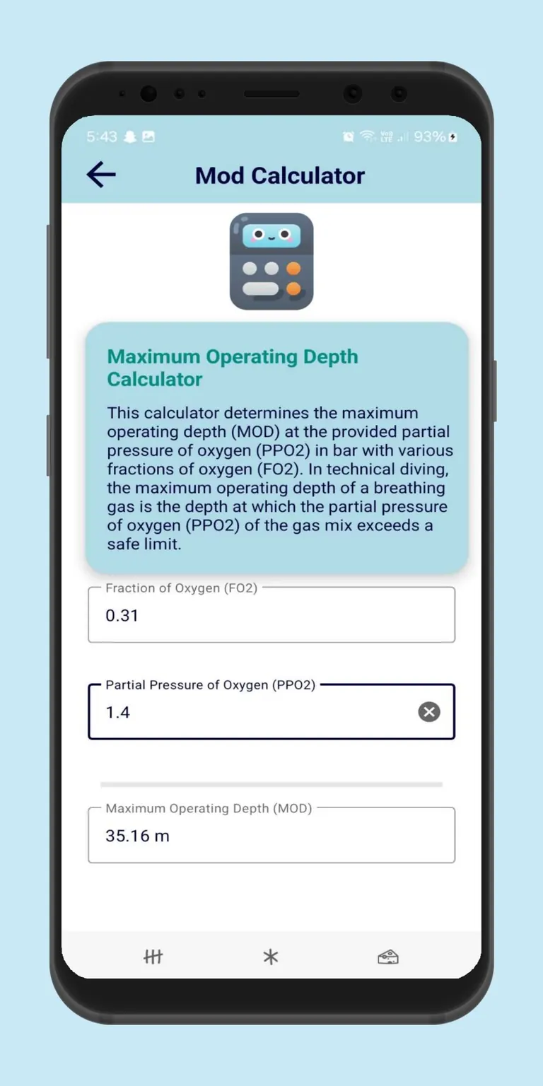 MOD calculator screen computing maximum operating depth from oxygen fraction and partial pressure