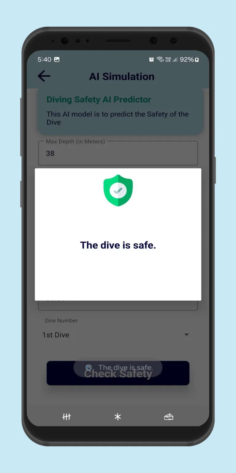 AI Simulation result reading 'The dive is safe.'
