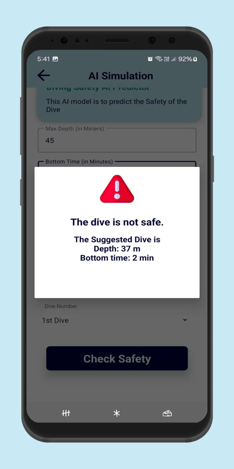 AI Simulation suggesting a safer dive with reduced depth and bottom time