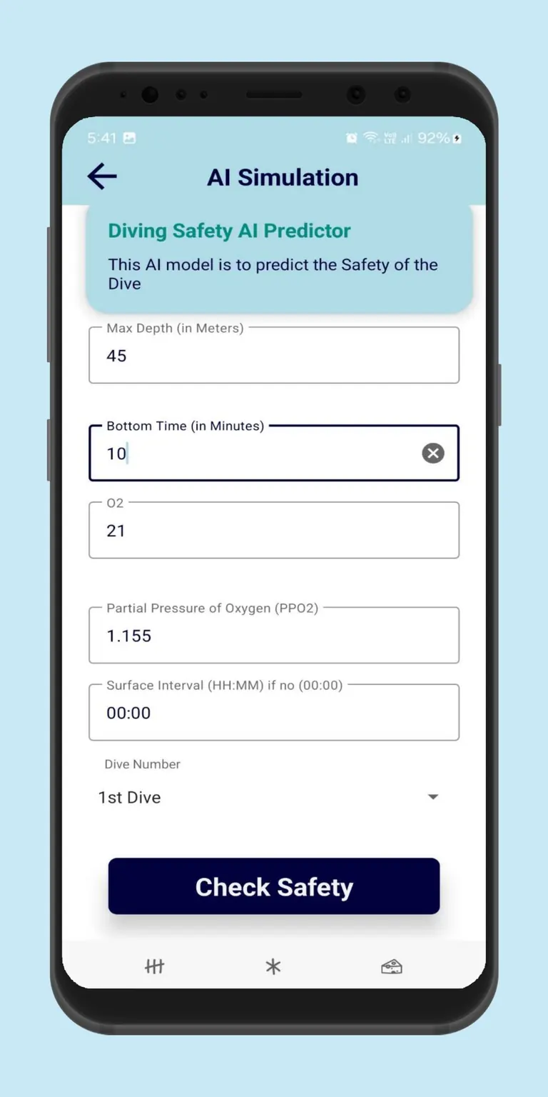 AI Simulation form with a planned dive's max depth, bottom time, and oxygen mix