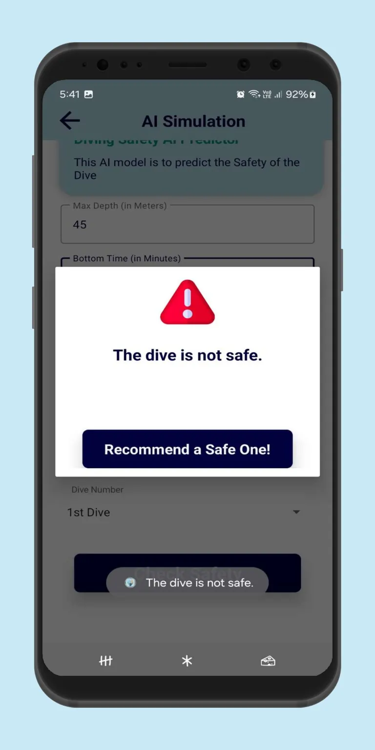 AI Simulation result reading 'The dive is not safe.' with a Recommend a Safe One button