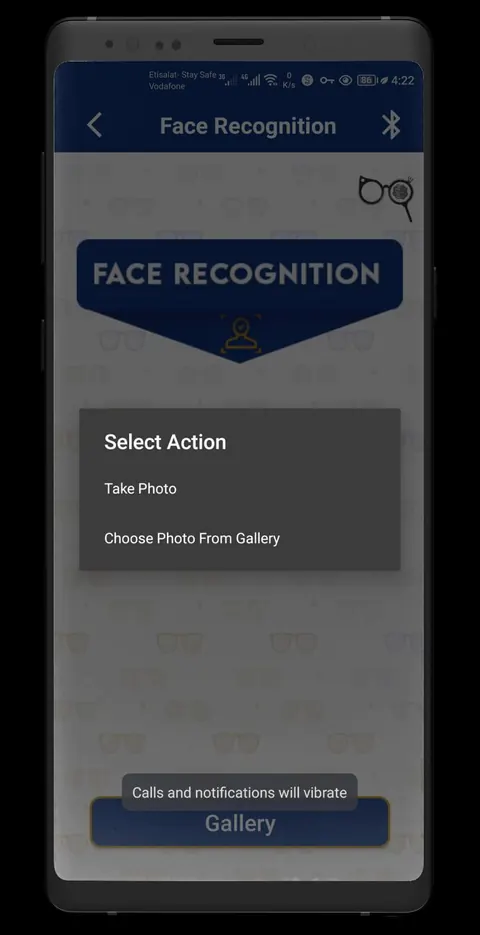 'Select Action' dialog offering Take Photo or Choose Photo From Gallery