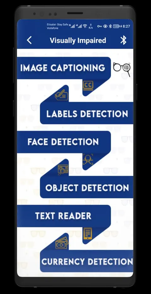 Visually Impaired mode menu listing image captioning, labels, face detection, object detection, text reader, and currency detection